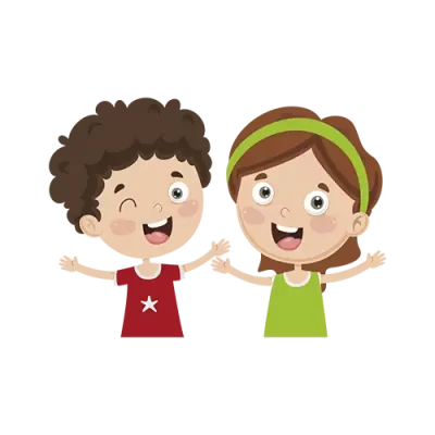 Dibujo de un niño con camiseta roja y una niña con camiseta verde, felices en una clase lúdica de euskera e inglés