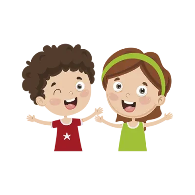 Dibujo de un niño con camiseta roja y una niña con camiseta verde, felices en una clase lúdica de euskera e inglés