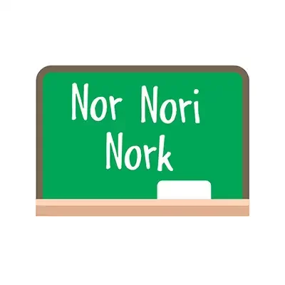 Dibujo de la pizarra de una clase de euskera con las palabras "Nor, Nori y Nork" escritas